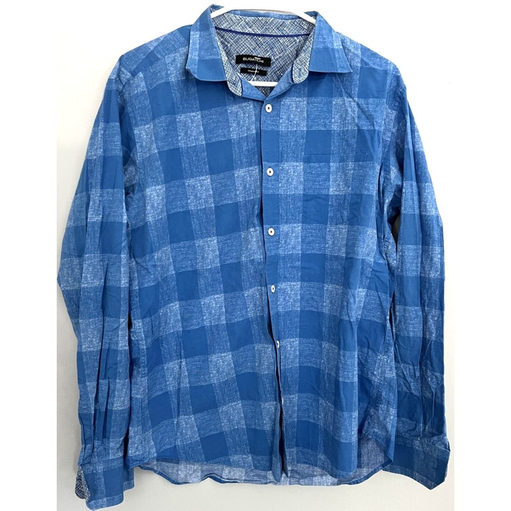 Bugatchi Shirt Mens L Shaped Fit Long Sleeve Button Up Casual Check Dress Luxury